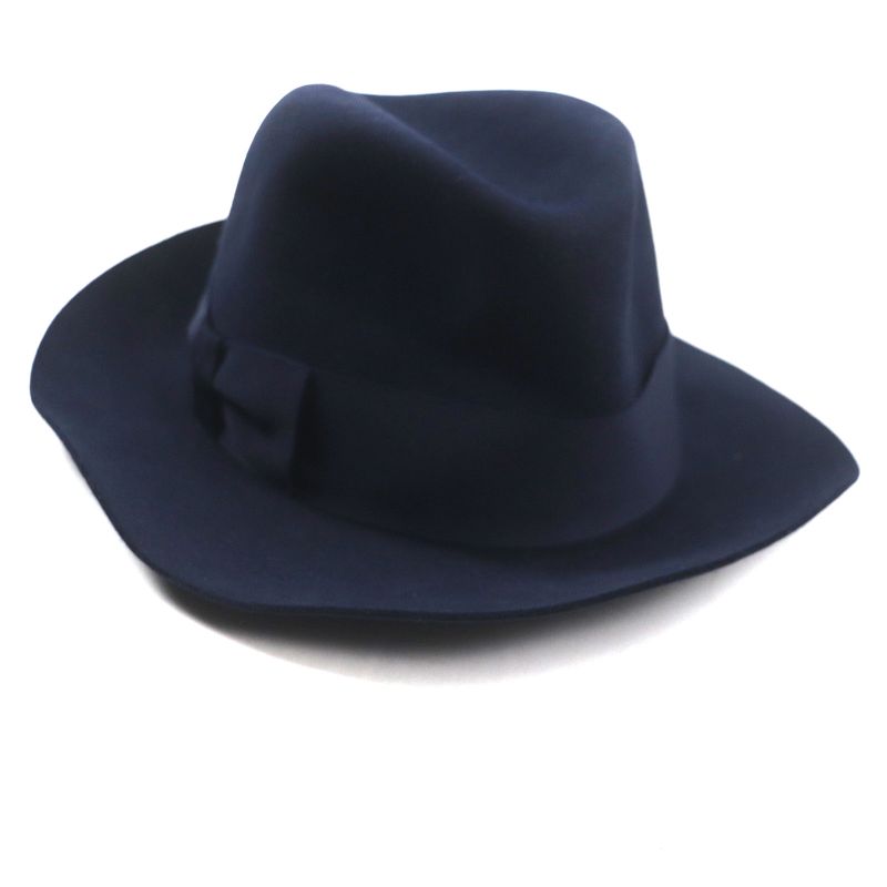 Hermes 100% Wool Lapin Felt Hat With Ribbon 100% Silk Lining Navy 56 Made In