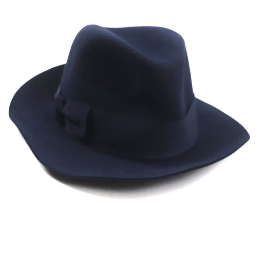 Hermes 100% Wool Lapin Felt Hat With Ribbon 100% Silk Lining Navy 56 Made In