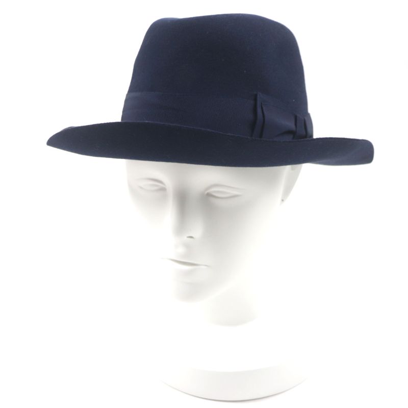 Hermes 100% Wool Lapin Felt Hat With Ribbon 100% Silk Lining Navy 56 Made In
