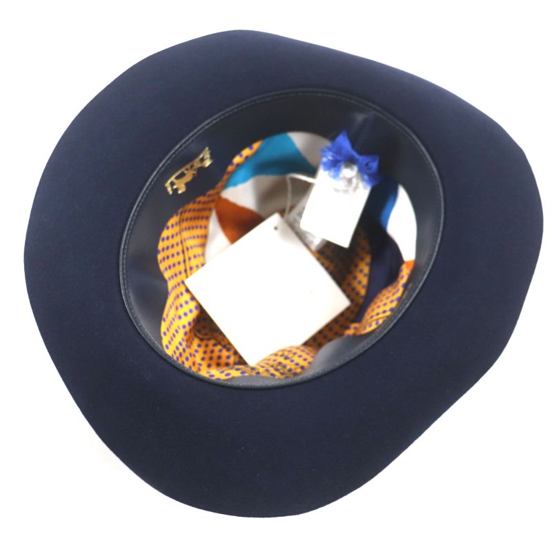Hermes 100% Wool Lapin Felt Hat With Ribbon 100% Silk Lining Navy 56 Made In