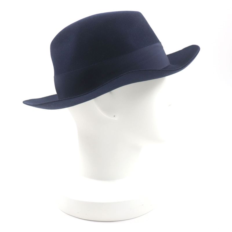 Hermes 100% Wool Lapin Felt Hat With Ribbon 100% Silk Lining Navy 56 Made In