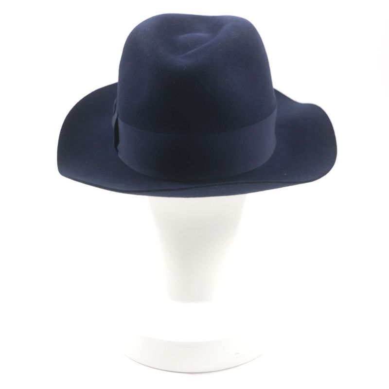 Hermes 100% Wool Lapin Felt Hat With Ribbon 100% Silk Lining Navy 56 Made In