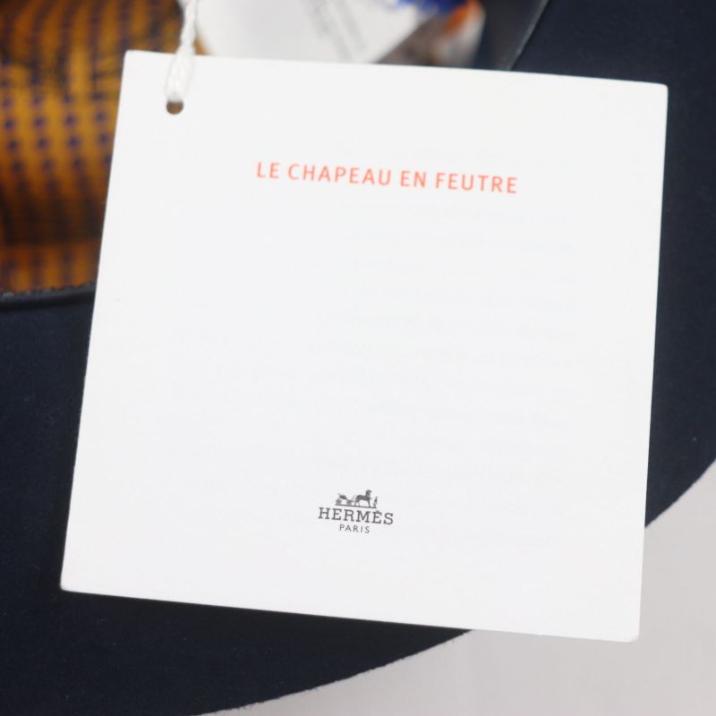 Hermes 100% Wool Lapin Felt Hat With Ribbon 100% Silk Lining Navy 56 Made In