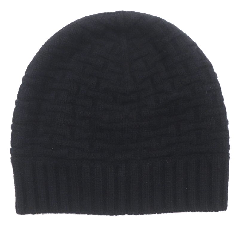 Hermes 100% Cashmere H Pattern Knitted Hat Beanie Knit Cap Black M Made In