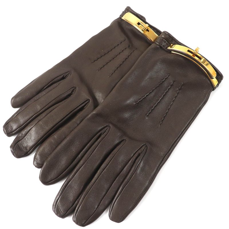 Hermes Kelly Hardware Leather Gloves Dark Brown Gold Hardware 7.5 Made In
