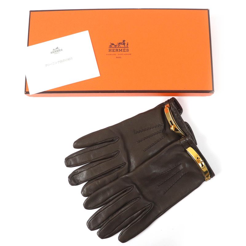 Hermes Kelly Hardware Leather Gloves Dark Brown Gold Hardware 7.5 Made In
