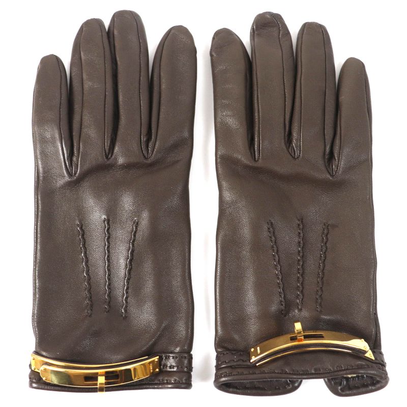 Hermes Kelly Hardware Leather Gloves Dark Brown Gold Hardware 7.5 Made In