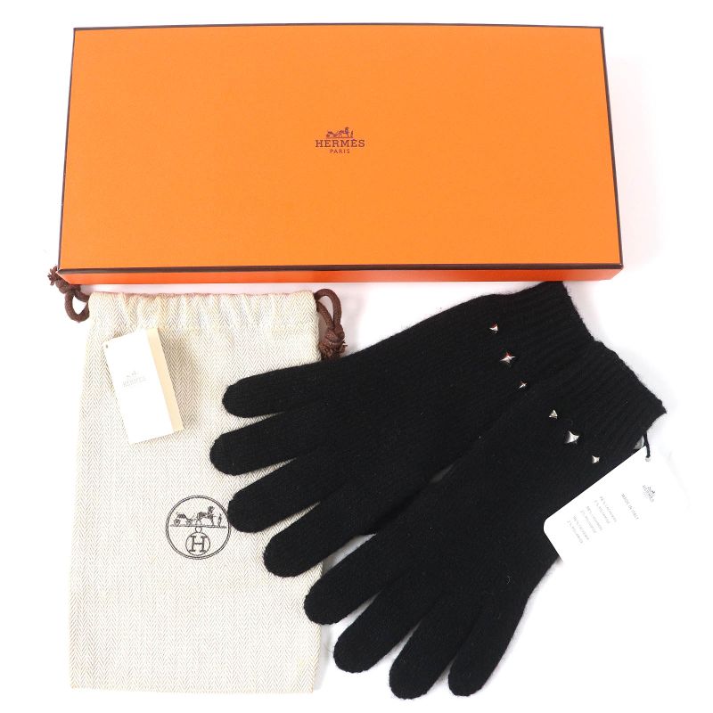 Hermes Darling Medor Cashmere Knit Gloves Black Silver Hardware S With Box And