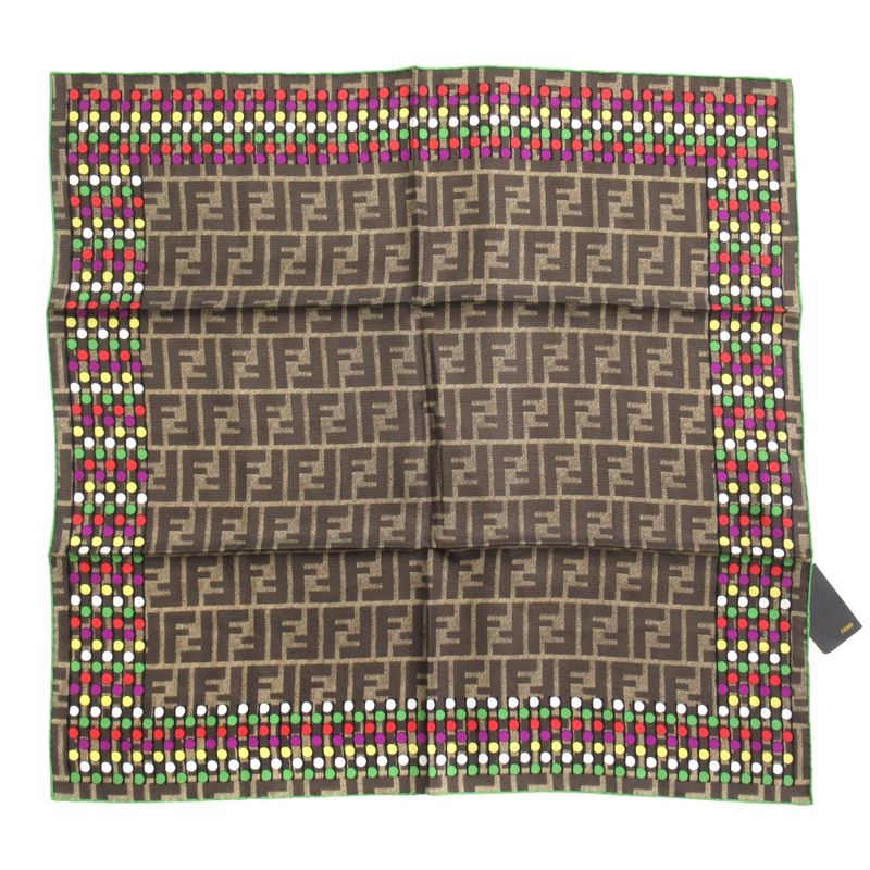 Unused Fendi FF Logo Zucca Pattern Silk Scarf Multidot All Over Fxt059 Brown