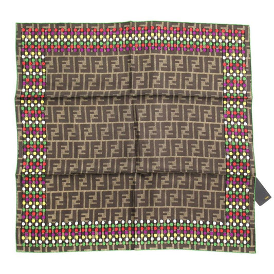 Unused Fendi FF Logo Zucca Pattern Silk Scarf Multidot All Over Fxt059 Brown
