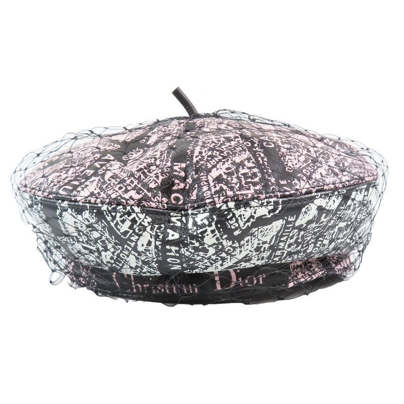 Unused Christian DIOR Total Beret Lamb Leather Hat Tulle Hat Cap Black X Pink X