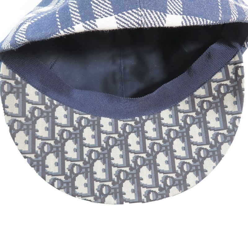 Unused Christian DIOR Check Pop Cap Hat Oblique Baseball Cap Navy And White 57