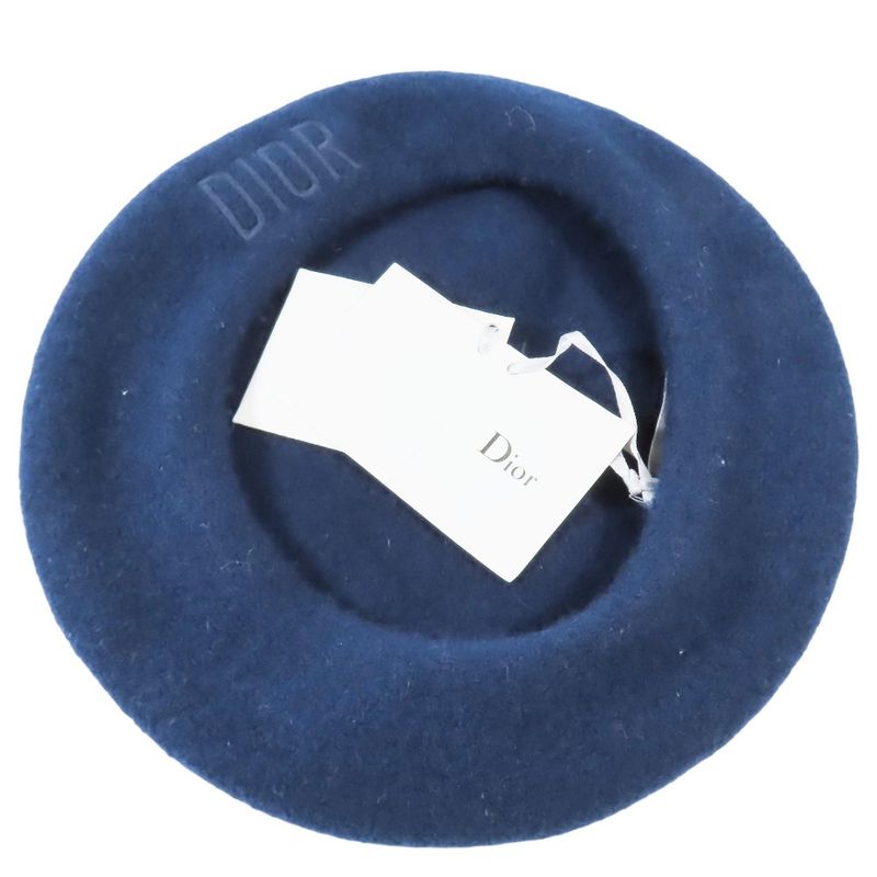 Unused Christian DIOR Wool Beret Hat Logo Embroidery One Point Hat T2 Blue