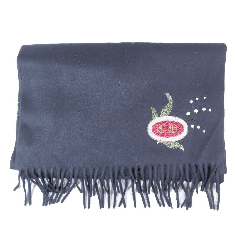 Unused DIOR Scarf Stole Scarf 100% Cashmere Fringe CD Logo Tin Embroidery Black