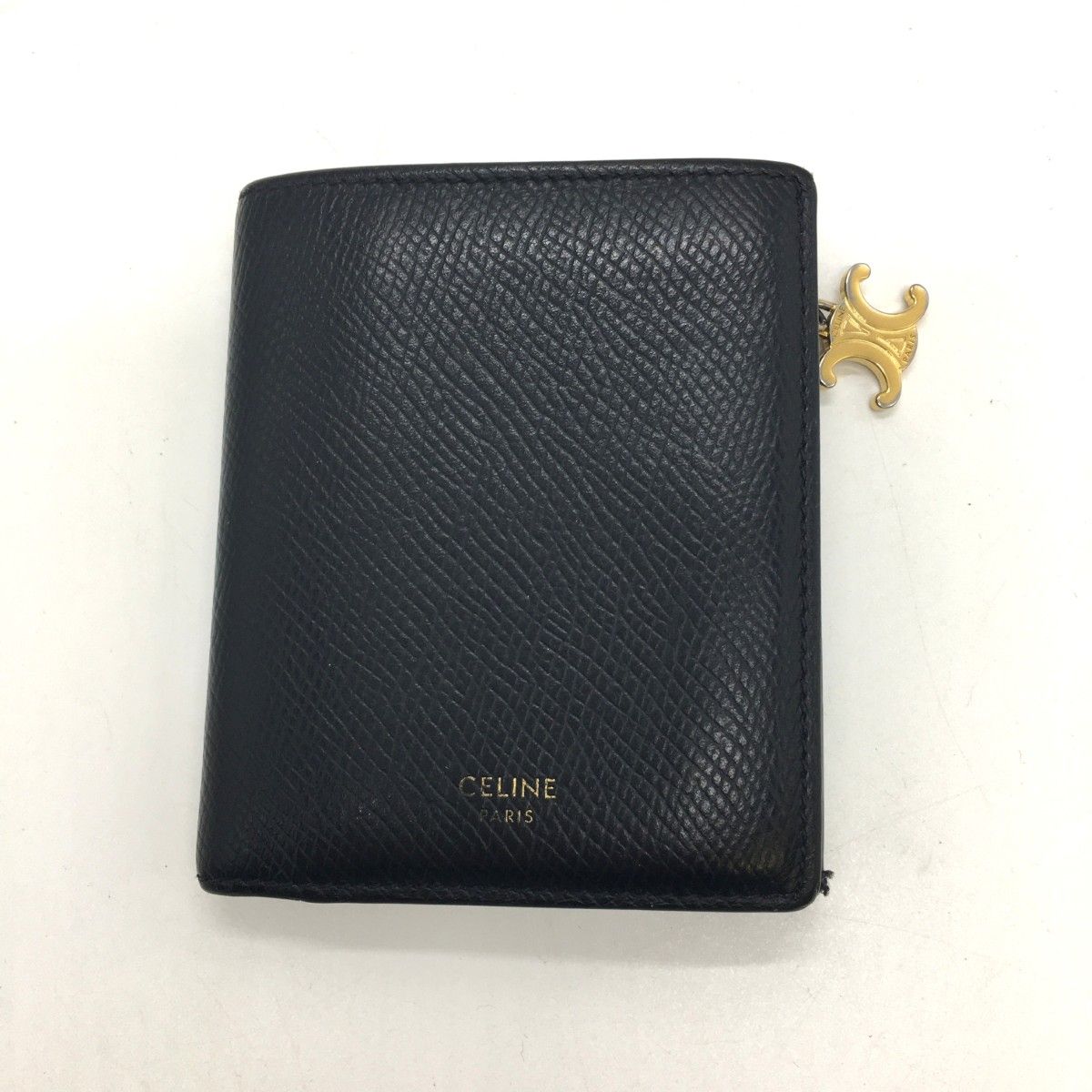 Celine Compact Wallet Triomphe Charm Grained Calfskin U-Ie-4284 Black
