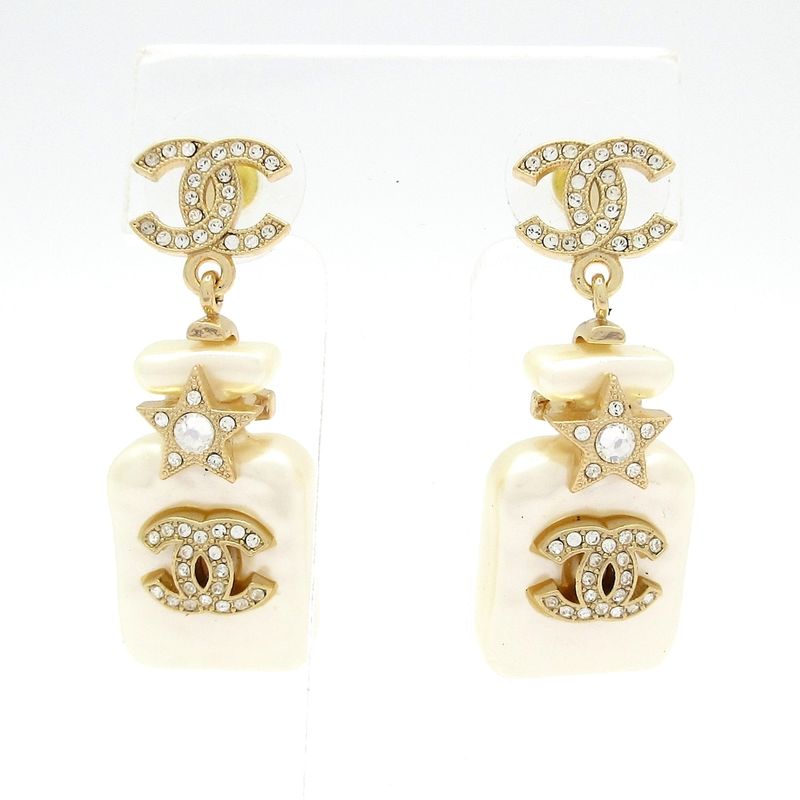 Chanel Earrings Coco Mark Ivory×gold×clear Star