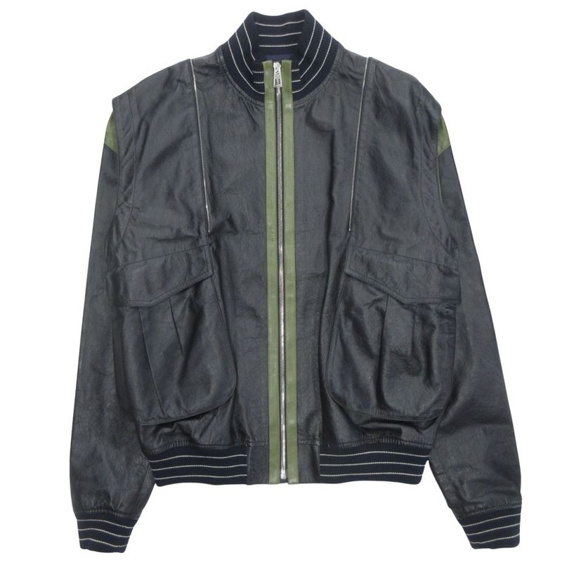 Loewe Leather Jacket Blouson Hoodie 2way Logo Hardware Anagram Button 48 Dark