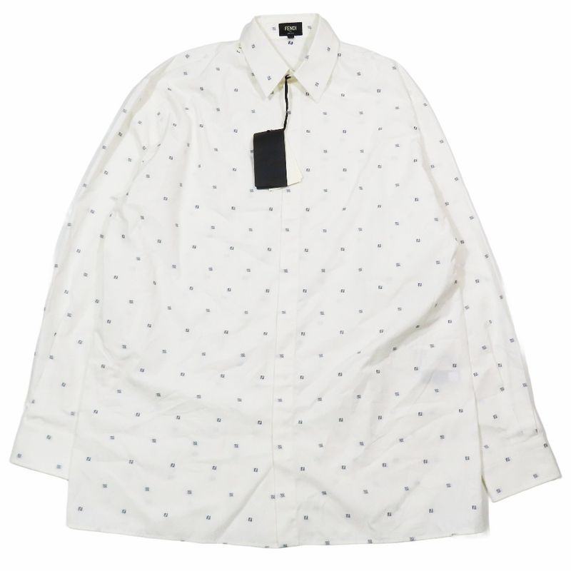Unused 2021 Fendi Ff Logo Zucca Total Embroidery Shirt Blouse Long Sleeve Cut