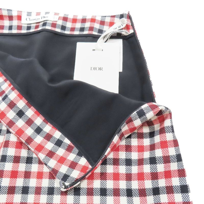 Unused 22ss Christian Dior Wool Checkered Trapezoidal Skirt Short Mini 34 Red