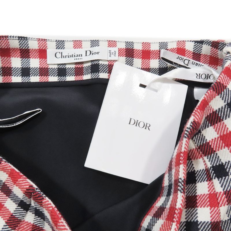 Unused 22ss Christian Dior Wool Checkered Trapezoidal Skirt Short Mini 34 Red