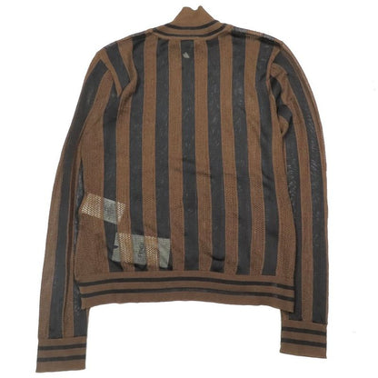 Unused 2019 Fendi Pecan Stripe Mesh Knit Long Sleeve High Neck Cut Sweater