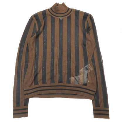 Unused 2019 Fendi Pecan Stripe Mesh Knit Long Sleeve High Neck Cut Sweater