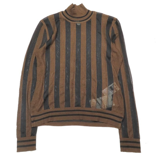 Unused 2019 Fendi Pecan Stripe Mesh Knit Long Sleeve High Neck Cut Sweater