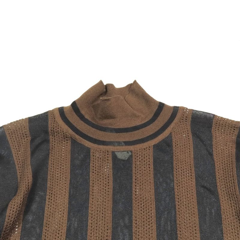 Unused 2019 Fendi Pecan Stripe Mesh Knit Long Sleeve High Neck Cut Sweater