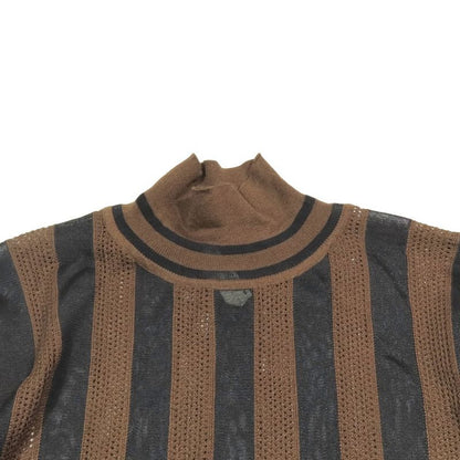 Unused 2019 Fendi Pecan Stripe Mesh Knit Long Sleeve High Neck Cut Sweater