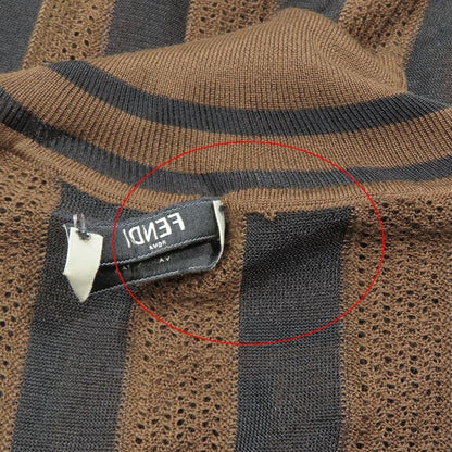Unused 2019 Fendi Pecan Stripe Mesh Knit Long Sleeve High Neck Cut Sweater