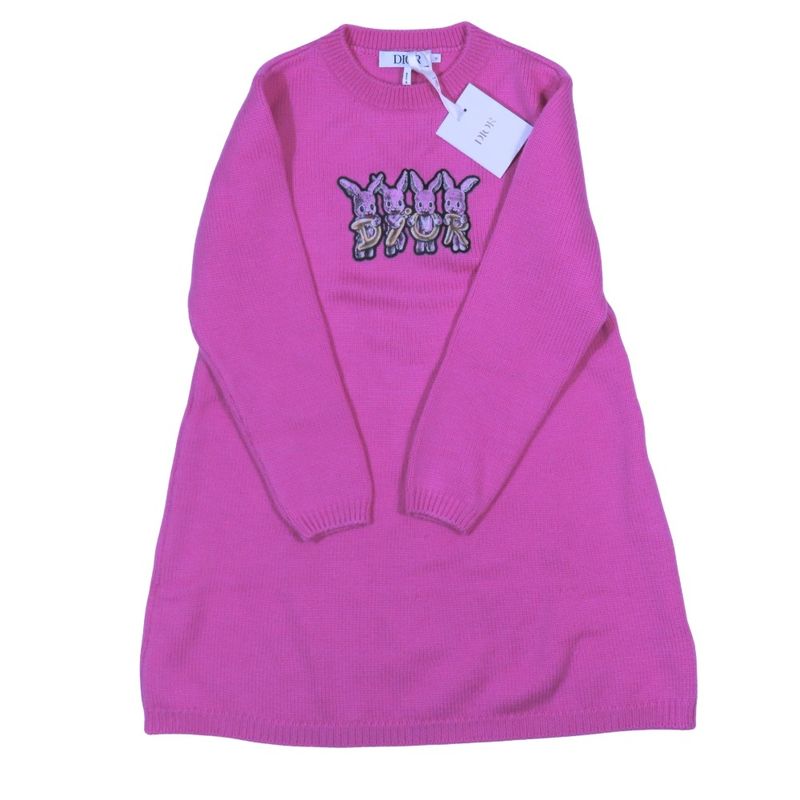 Unused Dior Wool Knit Dress Sweater Long Sleeves Rabbit Logo Patch Flare Knee