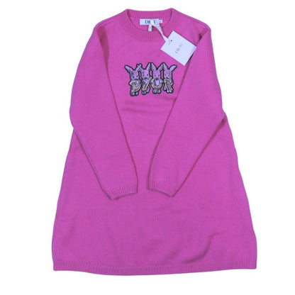 Unused Dior Wool Knit Dress Sweater Long Sleeves Rabbit Logo Patch Flare Knee