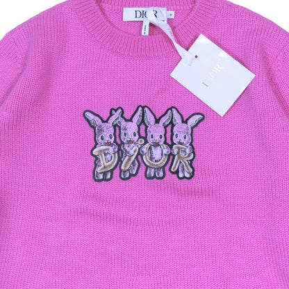 Unused Dior Wool Knit Dress Sweater Long Sleeves Rabbit Logo Patch Flare Knee