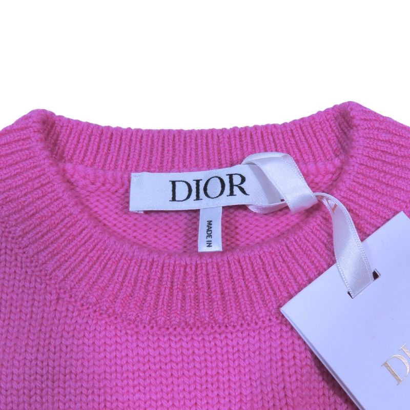 Unused Dior Wool Knit Dress Sweater Long Sleeves Rabbit Logo Patch Flare Knee