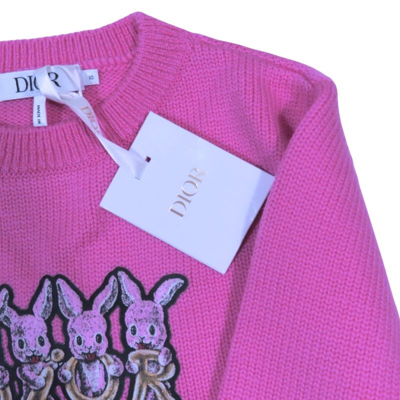 Unused Dior Wool Knit Dress Sweater Long Sleeves Rabbit Logo Patch Flare Knee