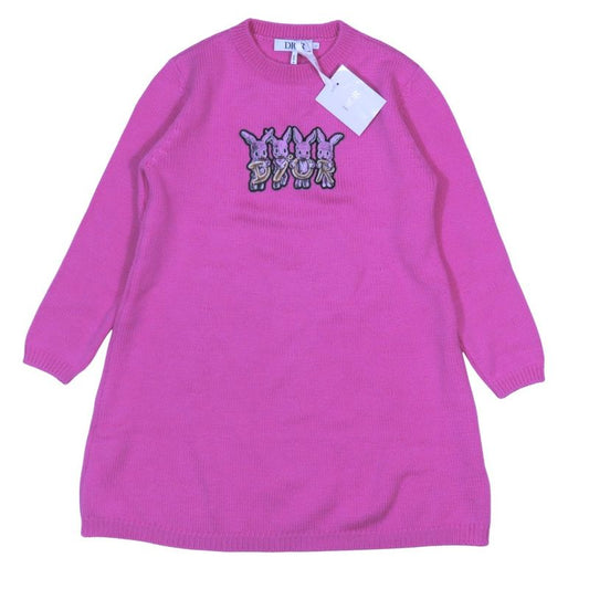 Unused Dior Wool Knit Dress Sweater Long Sleeves Rabbit Logo Patch Flare Knee