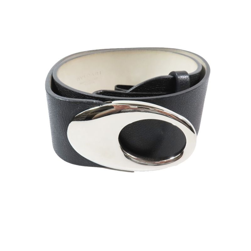 Bvlgari Leather Luxury Round Buckle Sash Belt Cummerbund Waistband Black Silver