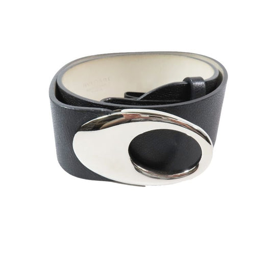 Bvlgari Leather Luxury Round Buckle Sash Belt Cummerbund Waistband Black Silver