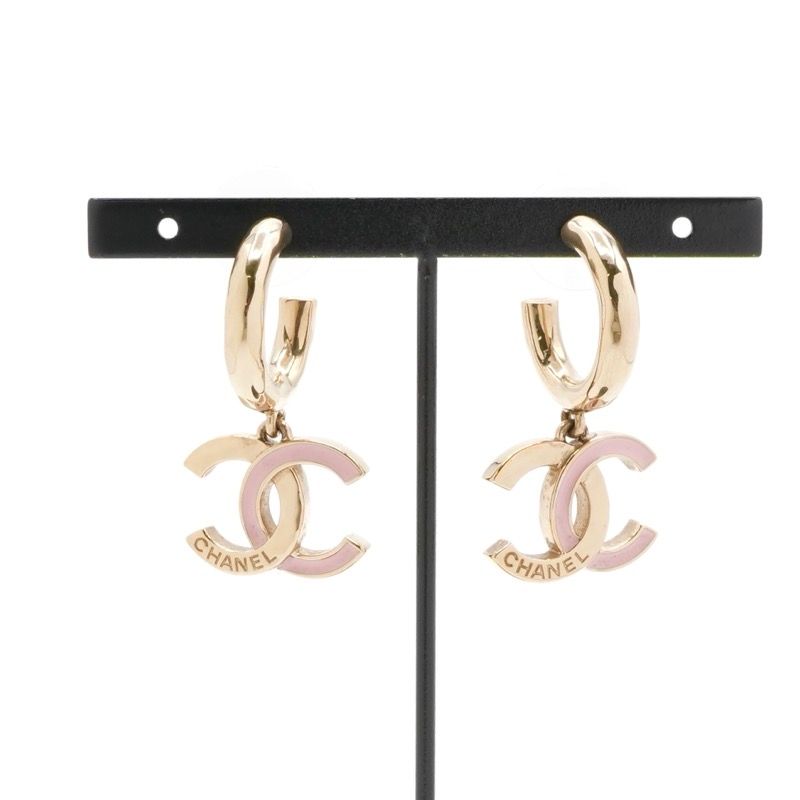 Chanel Earrings Earring Gold Pink Coco Mark Hoop Earrings