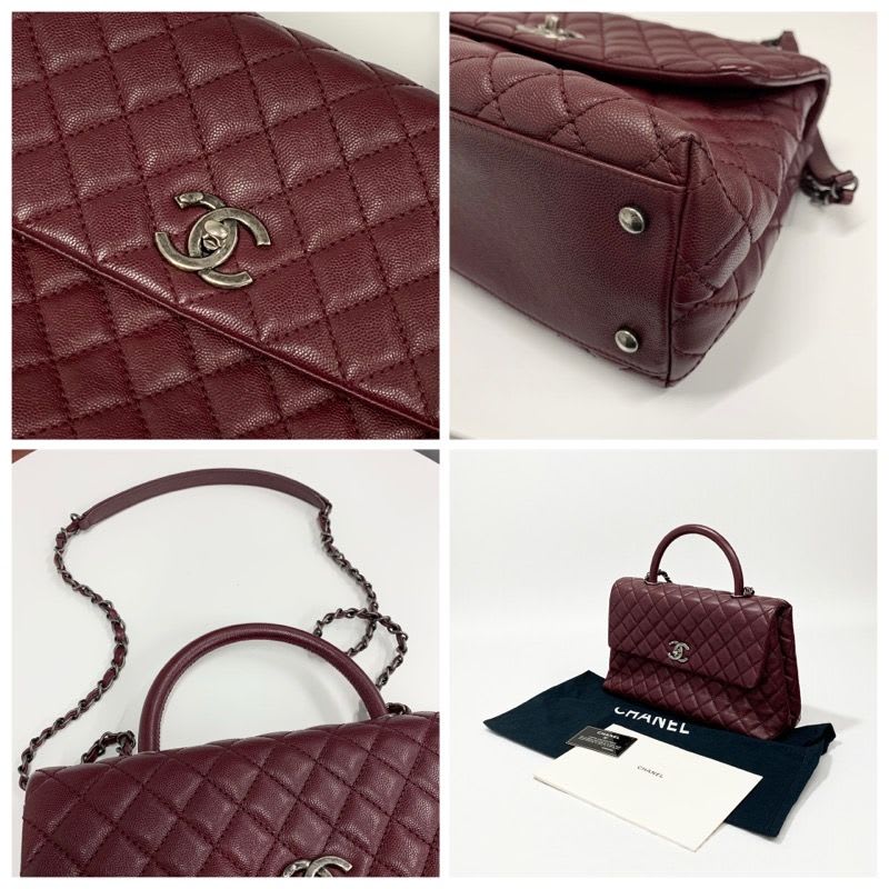Chanel Bag Shoulder Caviar Leather Bordeaux Silver Quilted Coco Handle
