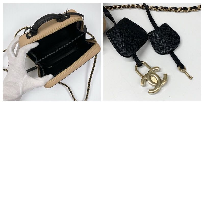 Chanel Bag Shoulder Caviar Leather Beige Black Gold CC Filigree
