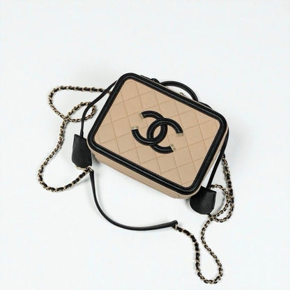 Chanel Bag Shoulder Caviar Leather Beige Black Gold CC Filigree
