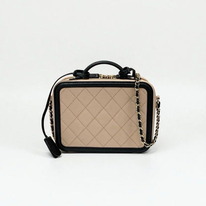 Chanel Bag Shoulder Caviar Leather Beige Black Gold CC Filigree