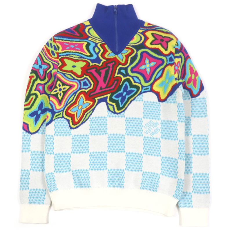 Louis Vuitton 2021 1a8p4n Distorted Monogram Damier Half-zip Knit Sweater Blue