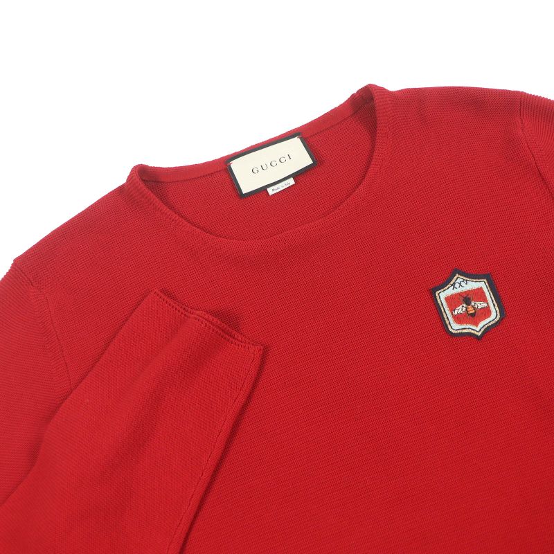 Gucci 496449 Cotton Bee Emblem Patch Long Sleeve Sweater Knit Red L Made In