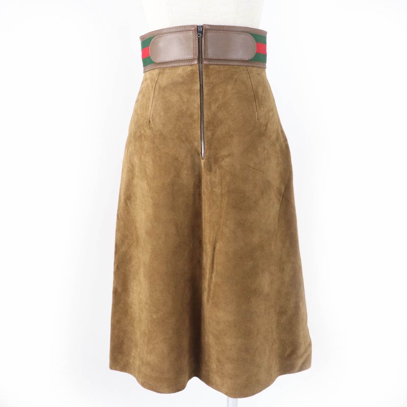 Gucci 626888 Cow Suede Horsebit Sherry Line Leather Flared Skirt Brown 36 Made