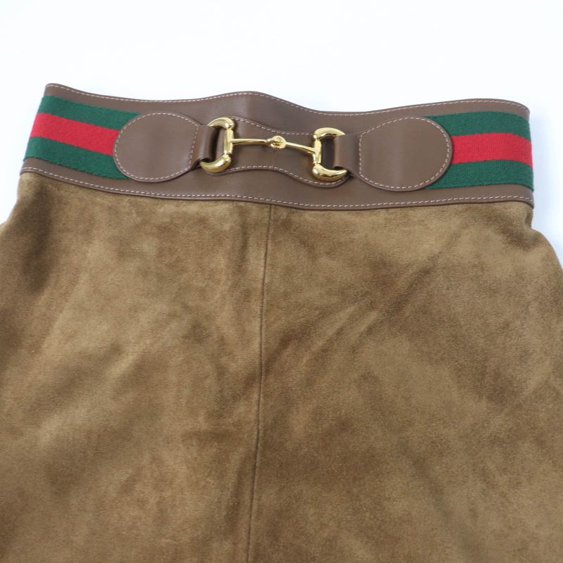 Gucci 626888 Cow Suede Horsebit Sherry Line Leather Flared Skirt Brown 36 Made