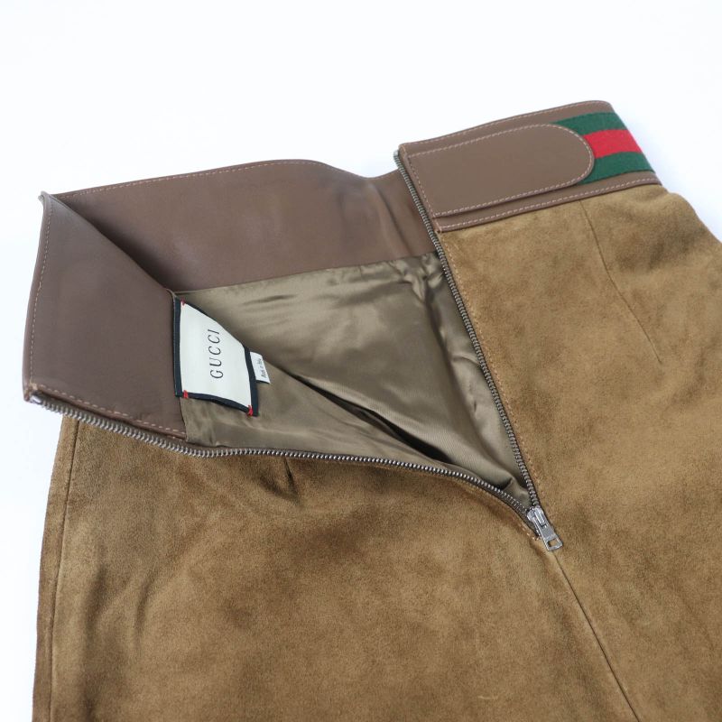 Gucci 626888 Cow Suede Horsebit Sherry Line Leather Flared Skirt Brown 36 Made