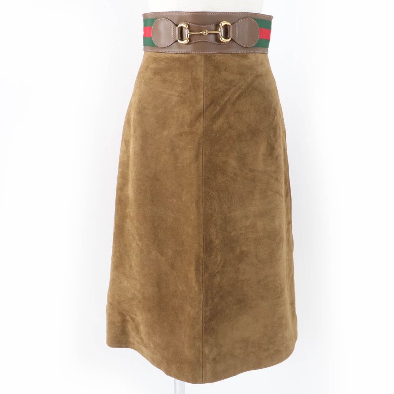 Gucci 626888 Cow Suede Horsebit Sherry Line Leather Flared Skirt Brown 36 Made