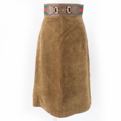 Gucci 626888 Cow Suede Horsebit Sherry Line Leather Flared Skirt Brown 36 Made